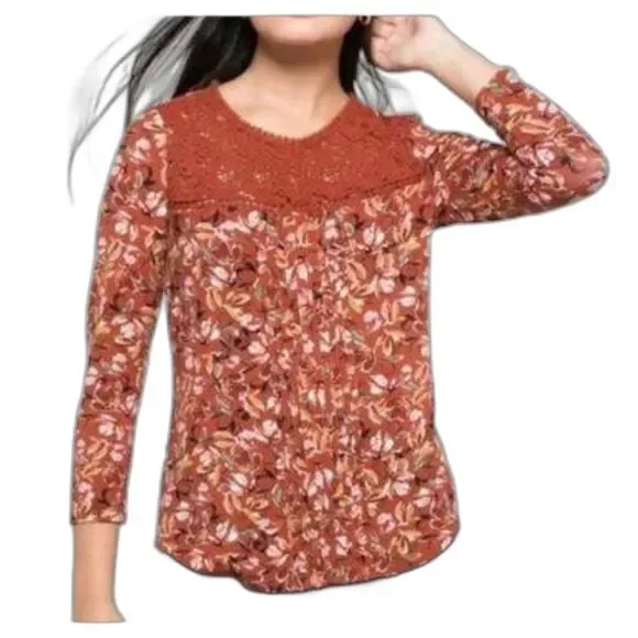 Anthropologie Daniel Rainn Darrel Crochet Yoke Knit Floral Print Top Petite M - Picture 1 of 9